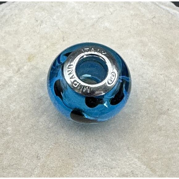 Genuine Murano Italy Charm Glass Bead Blue w/ Black Swirls Fits Pan 925 - Picture 2 of 5